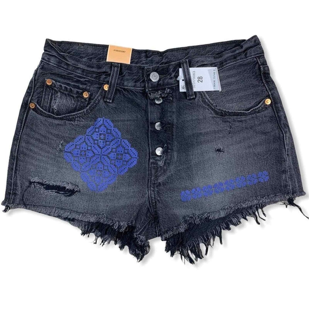 Levi's 501 Shorts Denim Cutoff Embroidered Distressed Retro Future Size 28 New